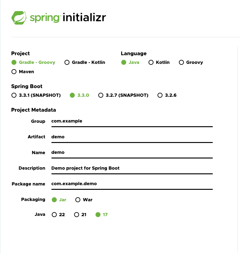 Spring Initializr web window to create spring boot project.