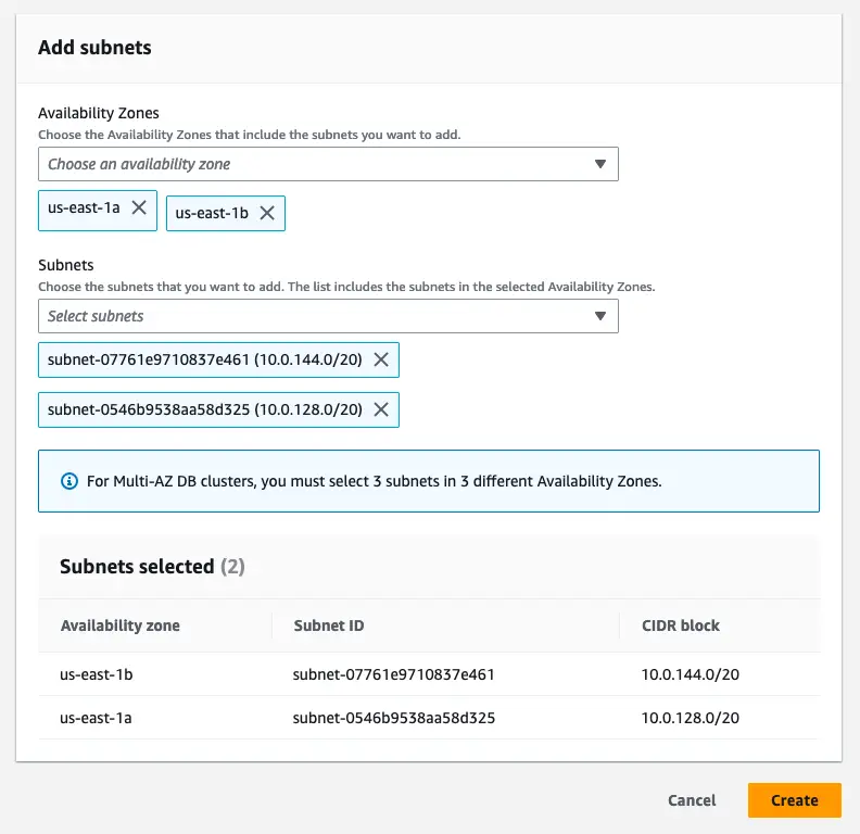 Adding subnets to the subnet group in AWS