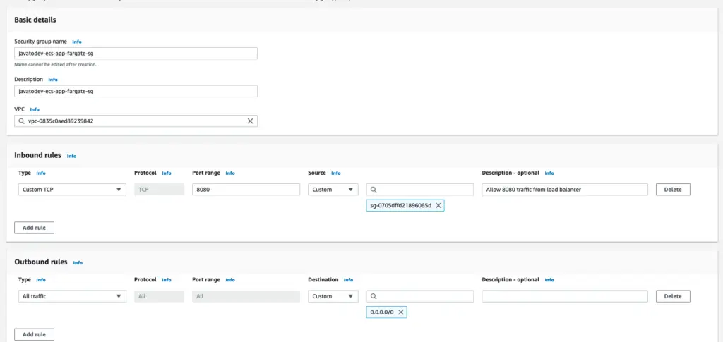 Security group for containers deploy with fargate