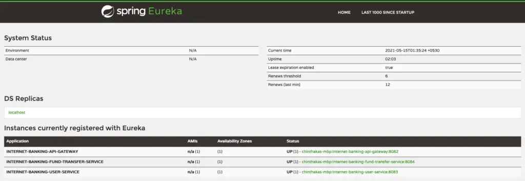Spring Eureka Dashboard with All The Components Up and Running
