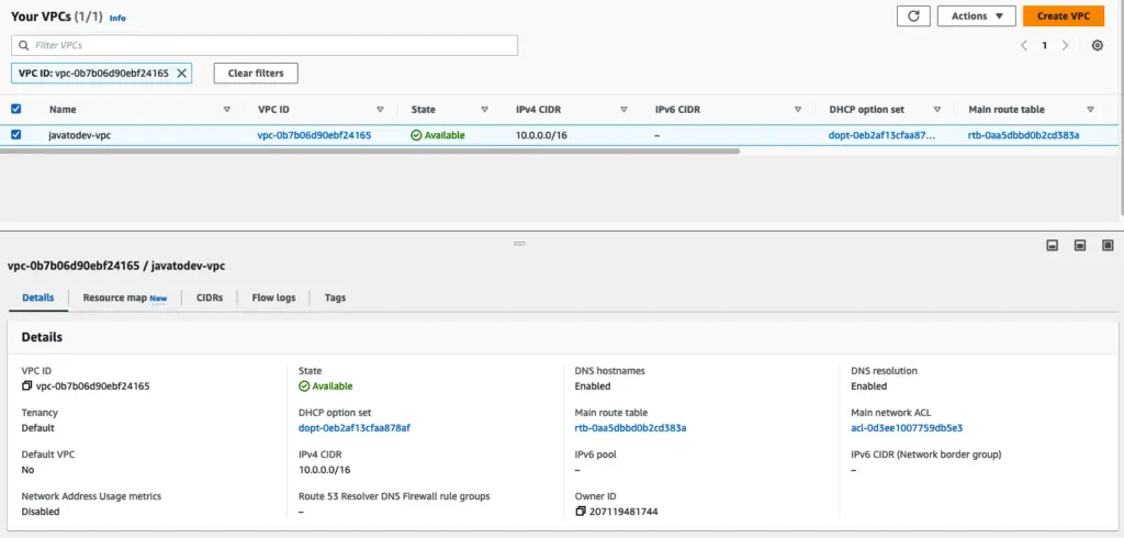 VPC Dashboard Showing newly created VPC with Terraform