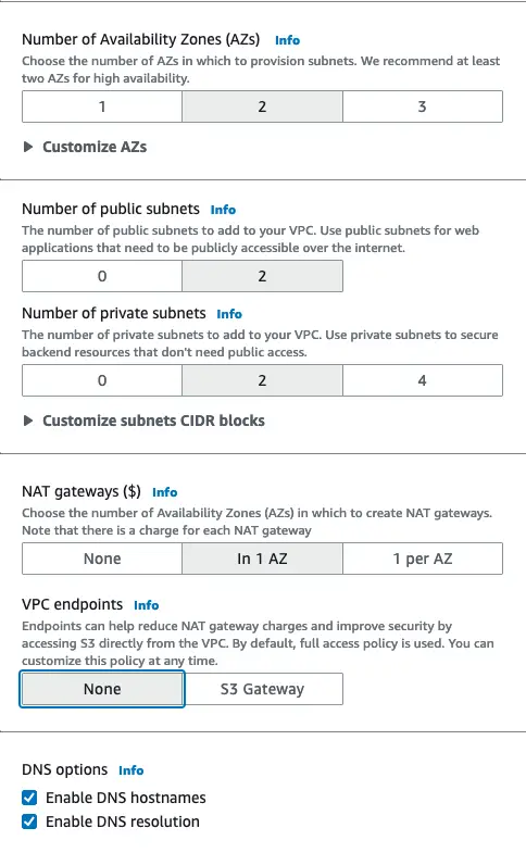 Subnet configurations on VPC creation