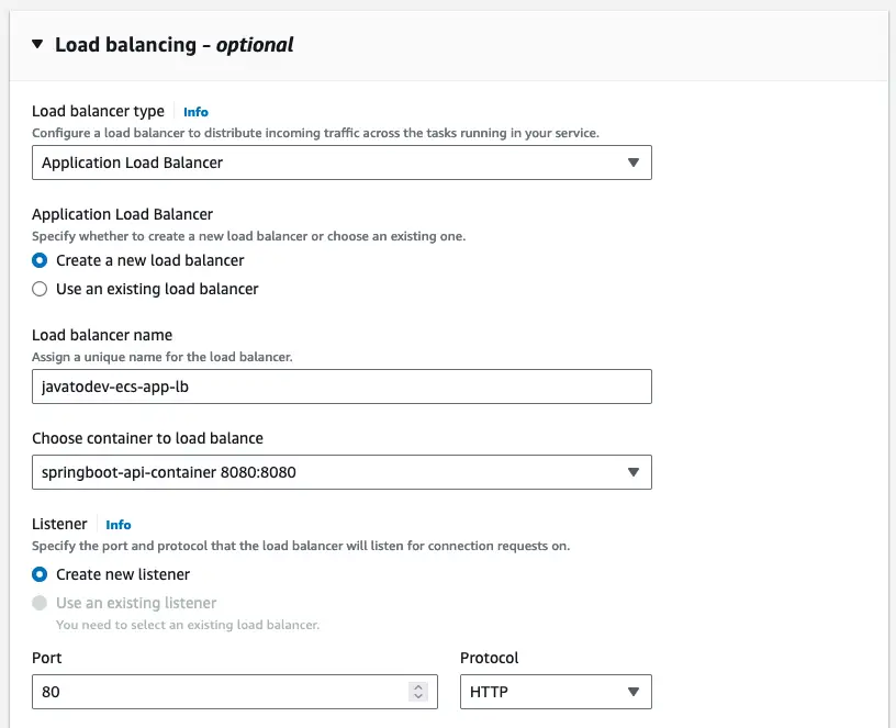 Load balancing configurations with load balancer type and listener configs