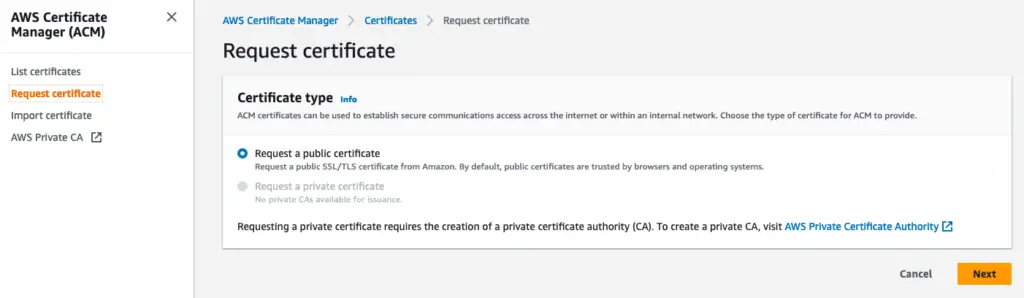 Request SSL certificate from AWS Certificate Manager