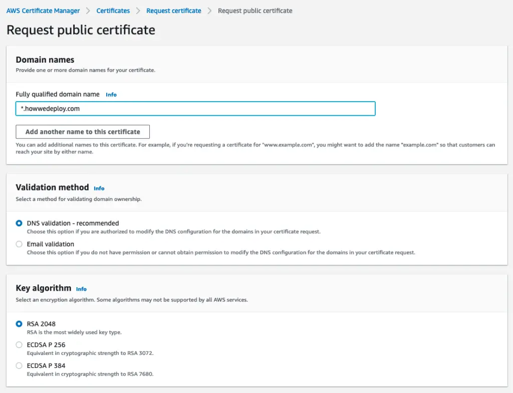 Request public certificate from AWS certificate manager